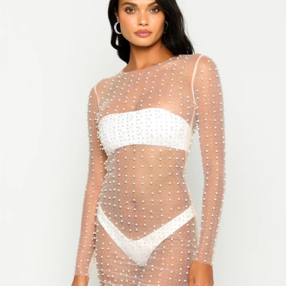 Beach Bunny Champagne Nights Pearl Mesh Dress in Nude
